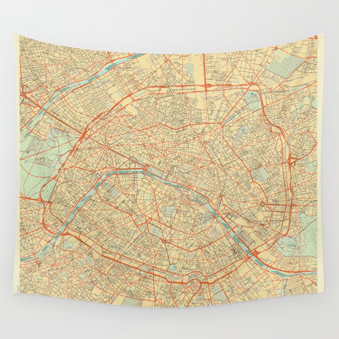 Paris Map Retro Wandbehang | Graphic-design, Digital, Aquarell, Other, Muster, Pop-art, Illustration, Paris, France, Karte