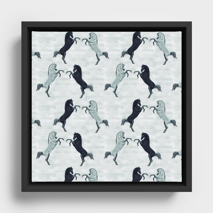 seamless pattern gray horses sniffing, digital painting Framed Canvas