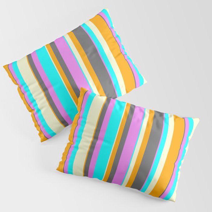 Eye-catching Orange, Dim Grey, Violet, Cyan & Light Yellow Colored Pattern of Stripes Pillow Sham