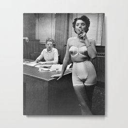 Not my circus; not my monkeys defiant woman smoking in office in bra and girdle black and white photograph - photography - photographs Metal Print