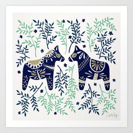 Swedish Dala Horse – Navy & Mint Palette Art Print