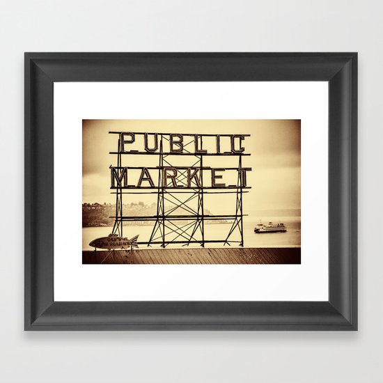Ferry and Sign for Pike Place Market, Seattle Framed Art Print