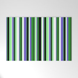 [ Thumbnail: Colorful Forest Green, Slate Blue, White, Green, and Black Colored Stripes Pattern Welcome Mat ]