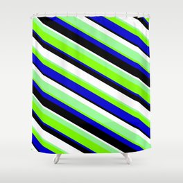 [ Thumbnail: Vibrant White, Green, Chartreuse, Blue & Black Colored Pattern of Stripes Shower Curtain ]