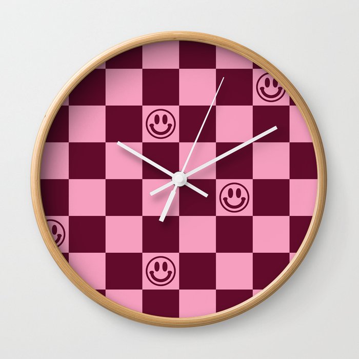 Smiley Faces On Checkerboard (Pink & Wine Burgundy)  Wall Clock