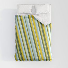 [ Thumbnail: Light Blue, Yellow, Dark Olive Green & Light Cyan Colored Lined/Striped Pattern Comforter ]