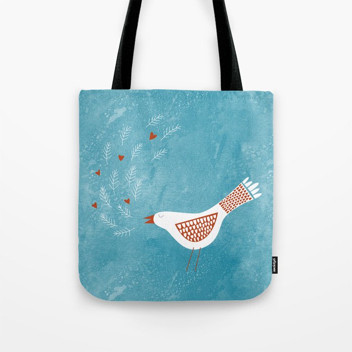 Scandinavian Bird with Hearts Tote Bag