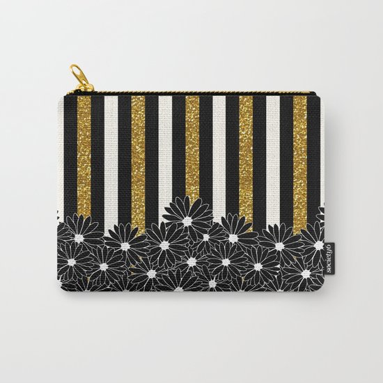 Black Daisies with Gold Glitter Stripes Carry-All Pouch
