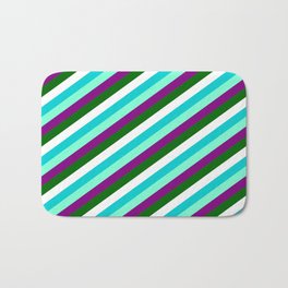 [ Thumbnail: Eye-catching Dark Turquoise, Aquamarine, Purple, Dark Green, and White Colored Stripes Pattern Bath Mat ]
