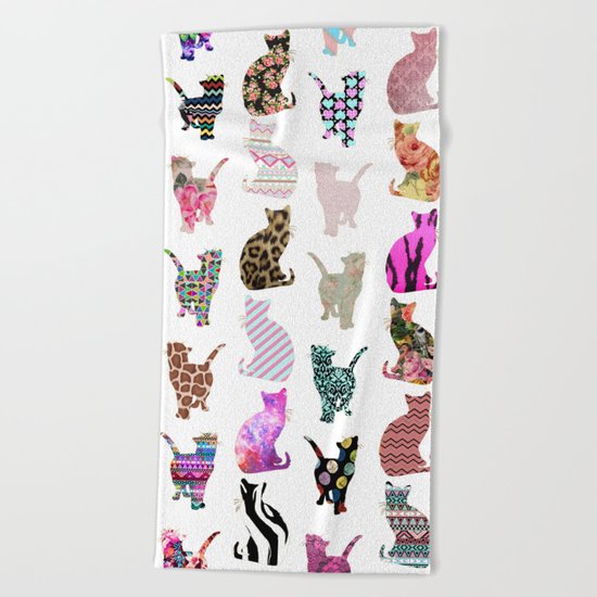 Girly Whimsical Cats aztec floral stripes pattern Beach Towel
