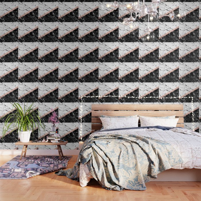 Modern Black White Marble Color Block Rose Gold Wallpaper By