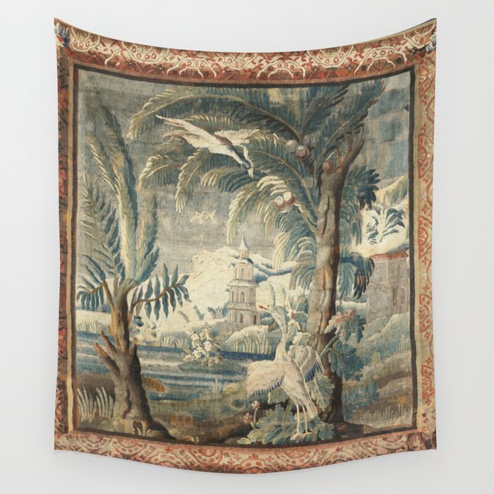 Antique French Verdure Pagoda Tapestry Wall Tapestry