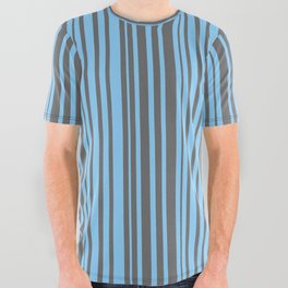 [ Thumbnail: Dim Gray and Light Sky Blue Colored Striped/Lined Pattern All Over Graphic Tee ]