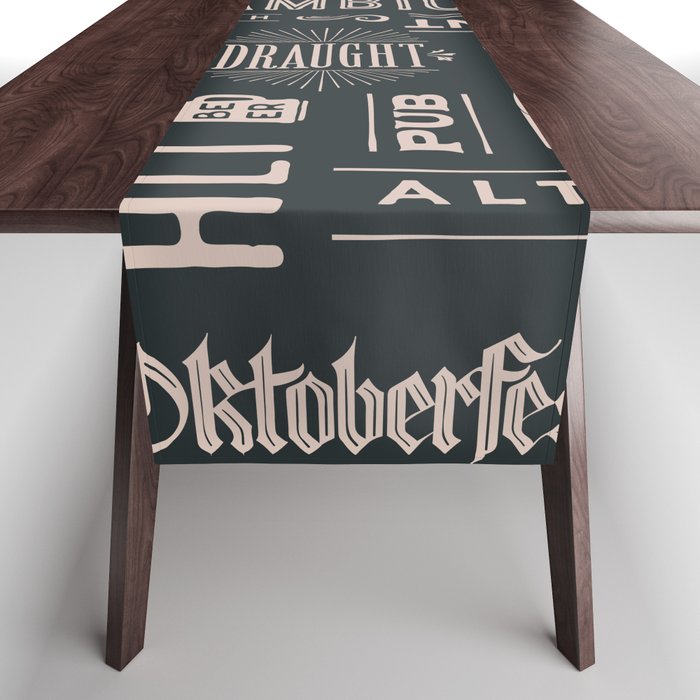 Seamless pattern with types of beer and hand drawn lettering. Vintage drawing. Vintage Illustration Table Runner