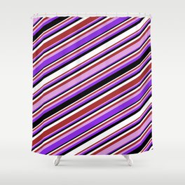 [ Thumbnail: Colorful Brown, Plum, Purple, Black, and White Colored Pattern of Stripes Shower Curtain ]