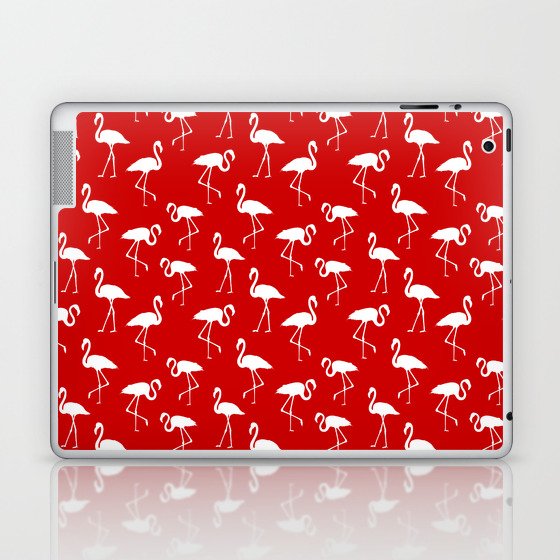 White flamingo silhouettes seamless pattern on red background Laptop & iPad Skin