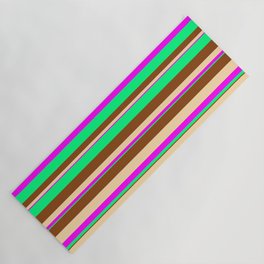 [ Thumbnail: Tan, Fuchsia, Green & Brown Colored Striped Pattern Yoga Mat ]