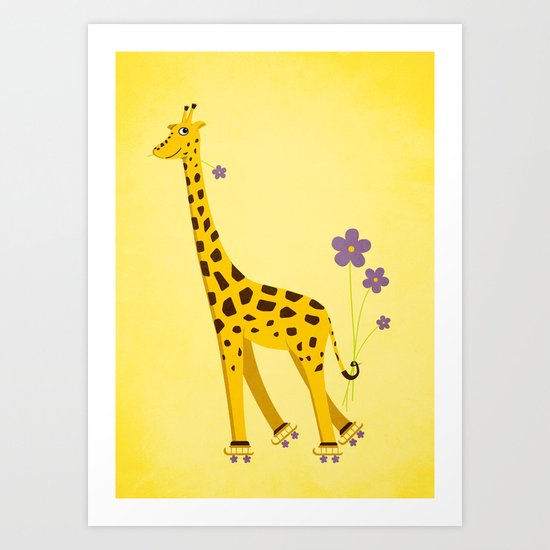Yellow Funny Roller Skating Giraffe Art Print