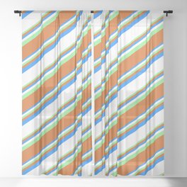 [ Thumbnail: Blue, White, Light Green, and Chocolate Colored Lined Pattern Sheer Curtain ]