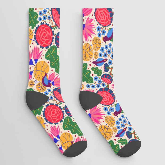 Modern Colorful Whimsical Cute Botanical Flower Bird Pattern Socks
