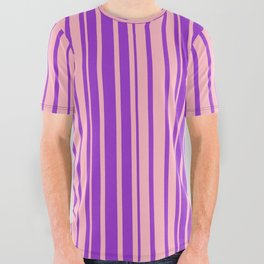 [ Thumbnail: Dark Orchid & Light Pink Colored Lined Pattern All Over Graphic Tee ]