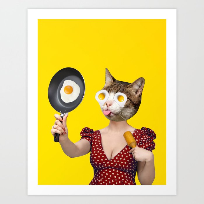 Sunny side up, cat, lady, eggs collage Art Print