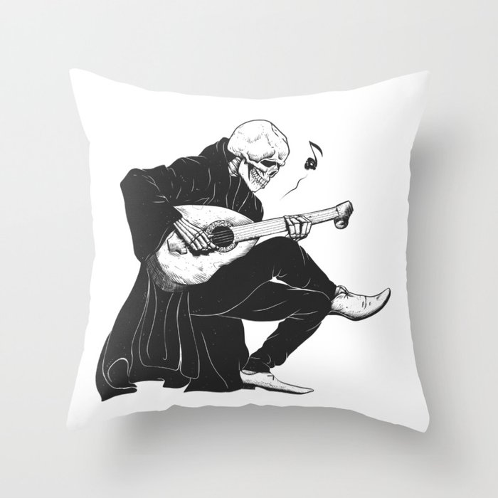 Minstrel playing guitar,grim reaper musician cartoon,gothic skull,medieval skeleton,death poet illus Throw Pillow