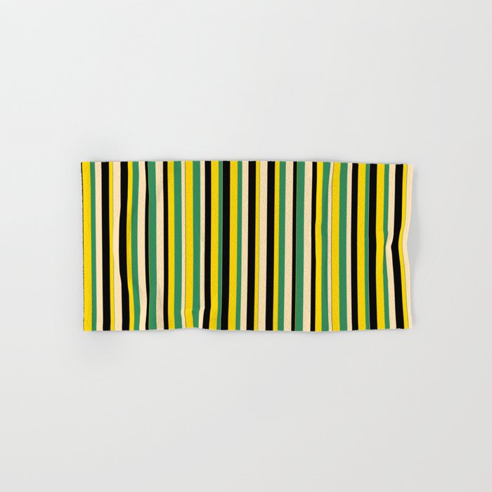 Sea Green, Beige, Black & Yellow Colored Pattern of Stripes Hand & Bath Towel