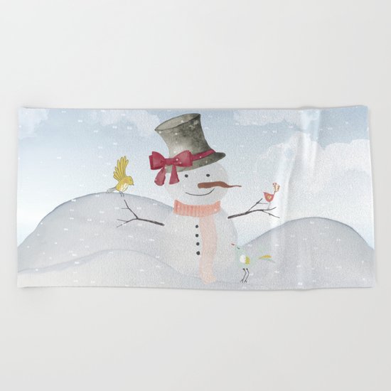Winter Wonderland- Snowman and birds - Watercolor illustration Beach Towel