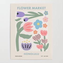 Flower Market Honolulu, Playful Retro Botanical Pastel Print Poster