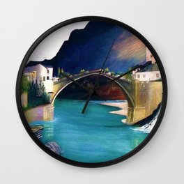 Mostar Old Town Panorama, Stari Most Bridge, Bosnia and Herzegovina by Tivadar Csontváry Kosztka Wall Clock