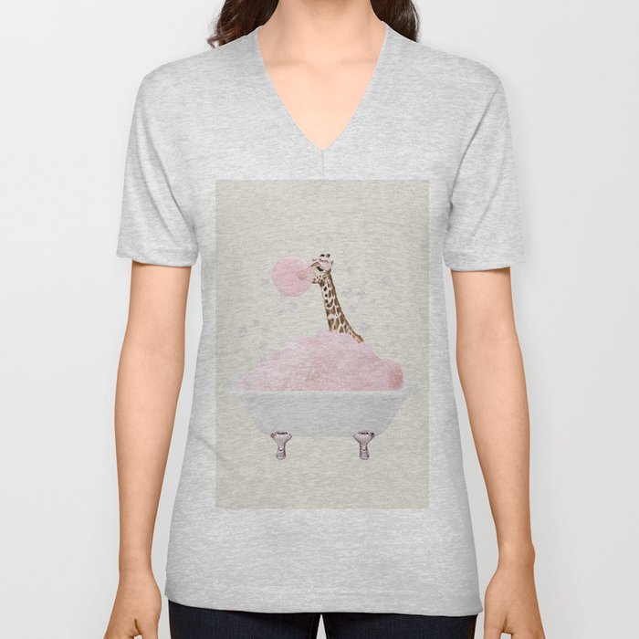 Giraffe in bath Pink foam V Neck T Shirt