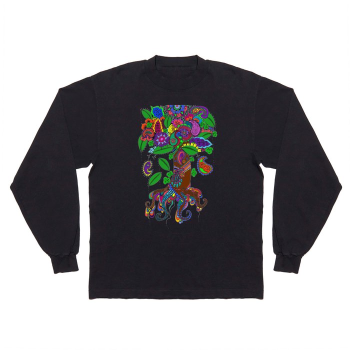 Psychedelic Paisley Tree - on Black Background Long Sleeve T Shirt