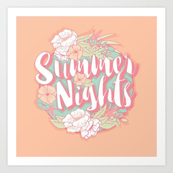 Summer nights typography banner round design in tropical flower frame 002 Art Print