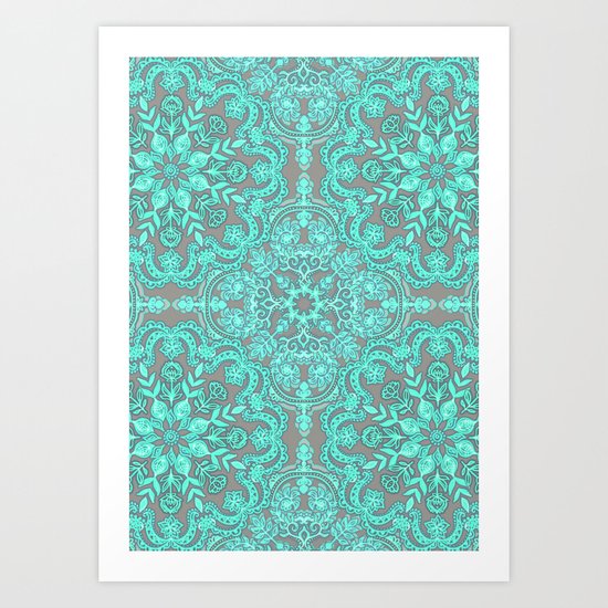 Mint Green & Grey Folk Art Pattern Art Print