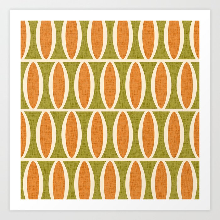 Retro Vintage 1950s Style Geometric Oval Pattern 228 Googie Orange Olive Green Art Print