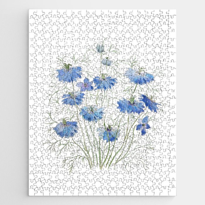 blue purple nigella flowers watercolor Jigsaw Puzzle