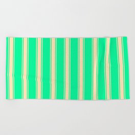 [ Thumbnail: Green & Beige Colored Lined/Striped Pattern Beach Towel ]