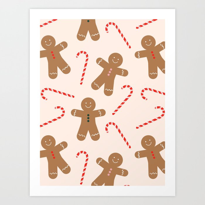 Gingerbread Man + Candy Cane Christmas Pattern Art Print