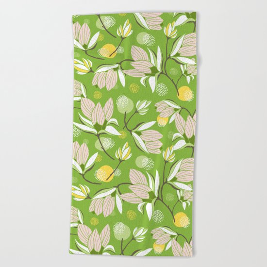 Magnolia Blossom Greenery Beach Towel