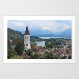 Panoramic city view, Thun, Switzerland Art Print | Oldtown, Swiss, Aerial, Church, Beautiful, Alps, Summer, View, Switzerland, Color 