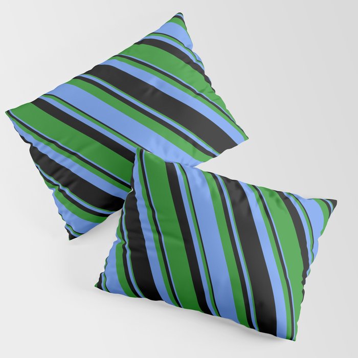 Forest Green, Cornflower Blue & Black Colored Lines Pattern Pillow Sham
