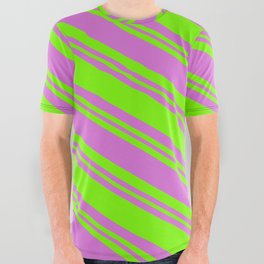 [ Thumbnail: Orchid & Green Colored Striped/Lined Pattern All Over Graphic Tee ]