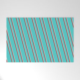 [ Thumbnail: Turquoise, Light Grey & Red Colored Lines/Stripes Pattern Welcome Mat ]