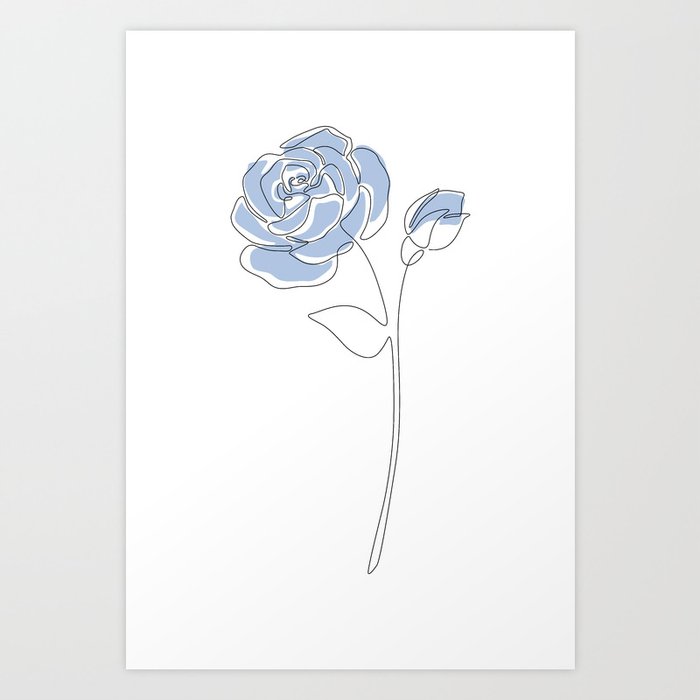 Cloud Sky Bush Rose / Light pastel blue rose drawing in one line / Explicit Design  Art Print