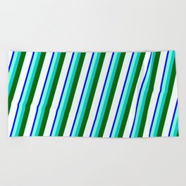 [ Thumbnail: Blue, Aquamarine, Dark Turquoise, Dark Green & Mint Cream Colored Stripes/Lines Pattern Beach Towel ]