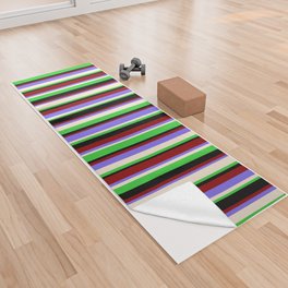 [ Thumbnail: Colorful Lime Green, Beige, Medium Slate Blue, Dark Red & Black Colored Stripes Pattern Yoga Towel ]