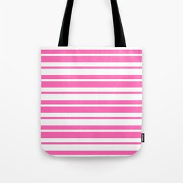 [ Thumbnail: Hot Pink and White Colored Striped Pattern Tote Bag ]
