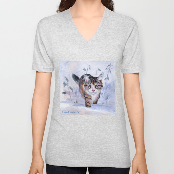 Snow cat V Neck T Shirt