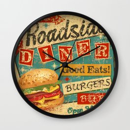 Vintage Roadside Diner metal sign.  Wall Clock